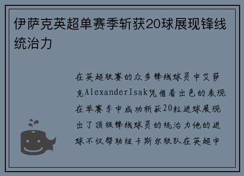 伊萨克英超单赛季斩获20球展现锋线统治力