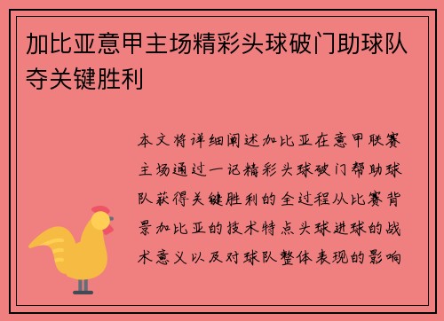 加比亚意甲主场精彩头球破门助球队夺关键胜利 加比亚意甲主场精彩头球破门助球队夺关键胜利