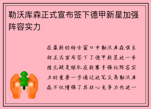勒沃库森正式宣布签下德甲新星加强阵容实力 勒沃库森正式宣布签下德甲新星加强阵容实力