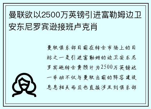 曼联欲以2500万英镑引进富勒姆边卫安东尼罗宾逊接班卢克肖